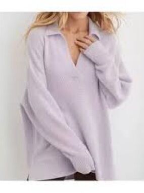 Aerie Oversized Lavender Waffle Knit Pullover Slouchy Collared Cozy Sweater XL